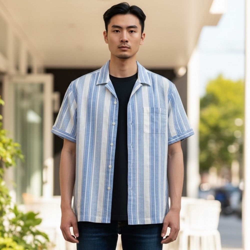 Brooks Brothers Blue and White Vertical Stripe Short-Sleeve Button-Down size M